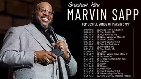 Aug 19, 2022 · Born. 6 December 1967 (age 56) Singing since age four, Marvin Sapp has shared the stage with many gospel notables and his gift is celebrated across musical genres. While he has enjoyed a decorated music ministry receiving Stellar Awards, Gospel Music Excellence Award as well as Grammy, Soul Train Music and Dove Award Nomin… read more. 